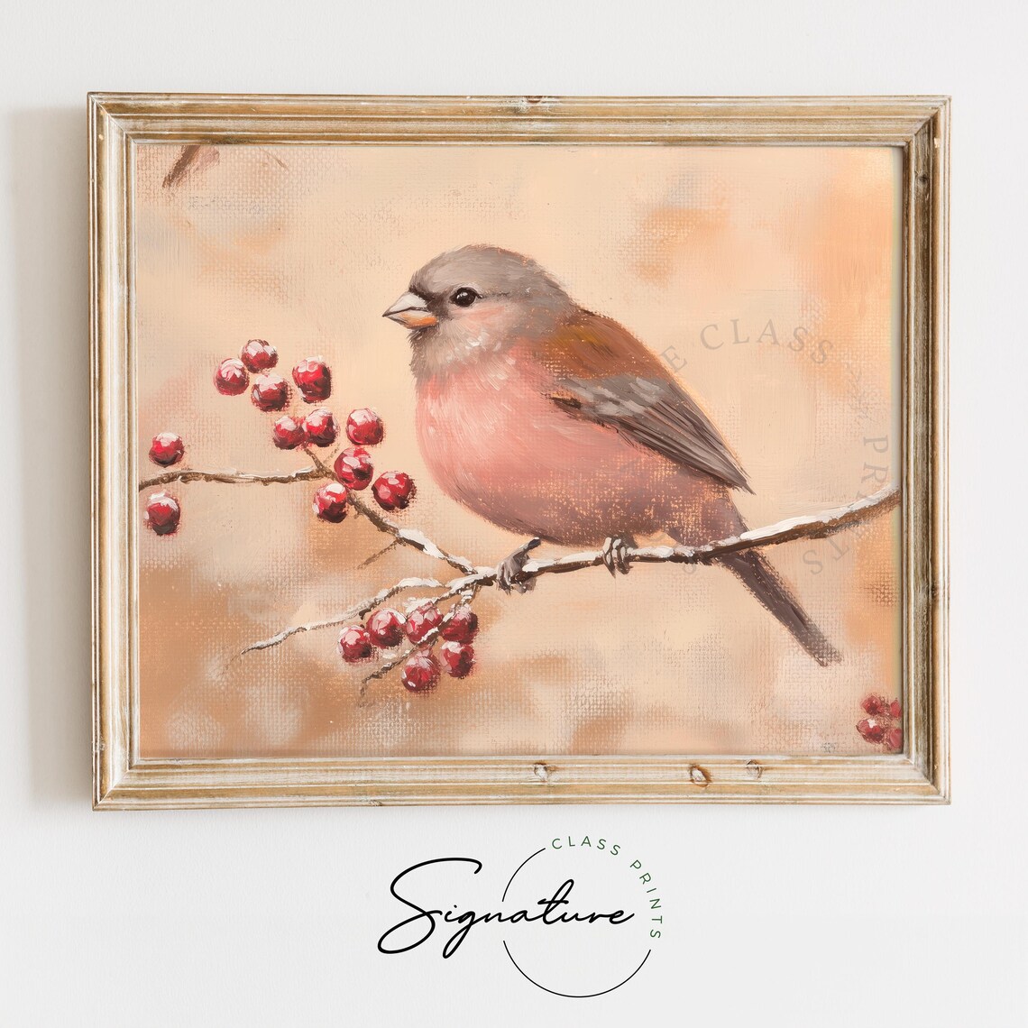 Gray Crowned Rosy Finch With Frosted Red Berries Winter Print