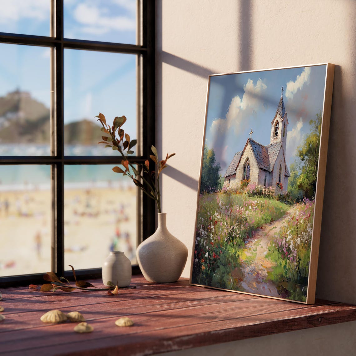 Stone Chapel in Wildflower Meadow Soft Pastel Sky Country Poster - Image 3