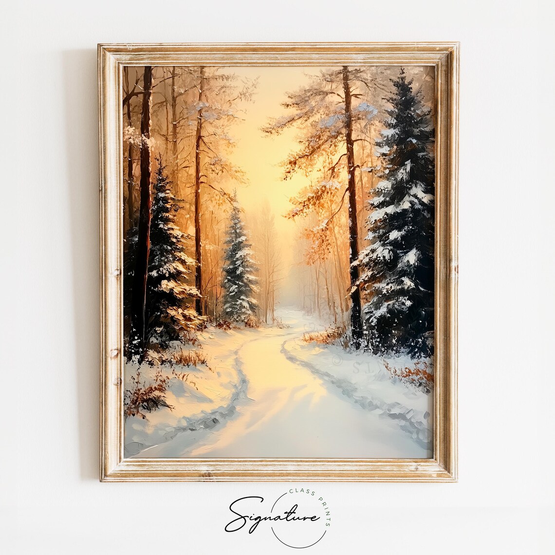 Golden Sunrise Lights Snowy Forest Path Winter Morning Poster