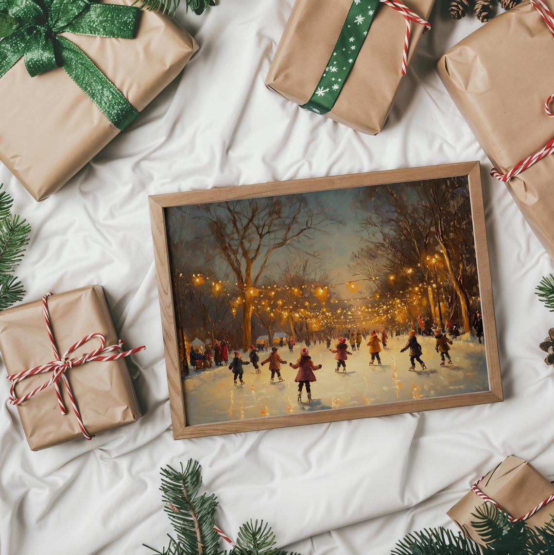 Children Ice Skating On A Frozen Pond Under String Lights Poster - Image 2