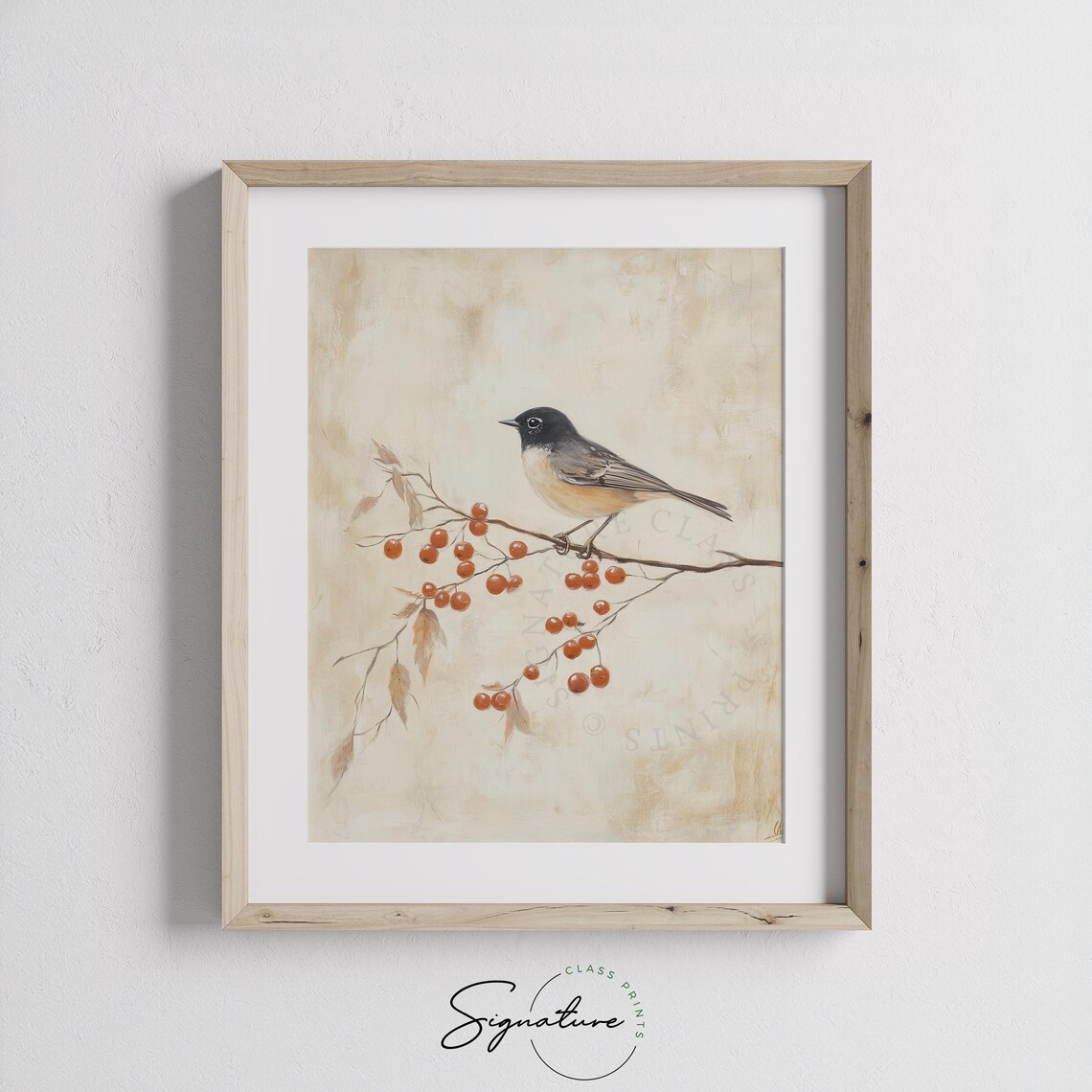 Chickadee Red Berry Branch Cream Vintage Winter Bird Painting Poster - Image 3