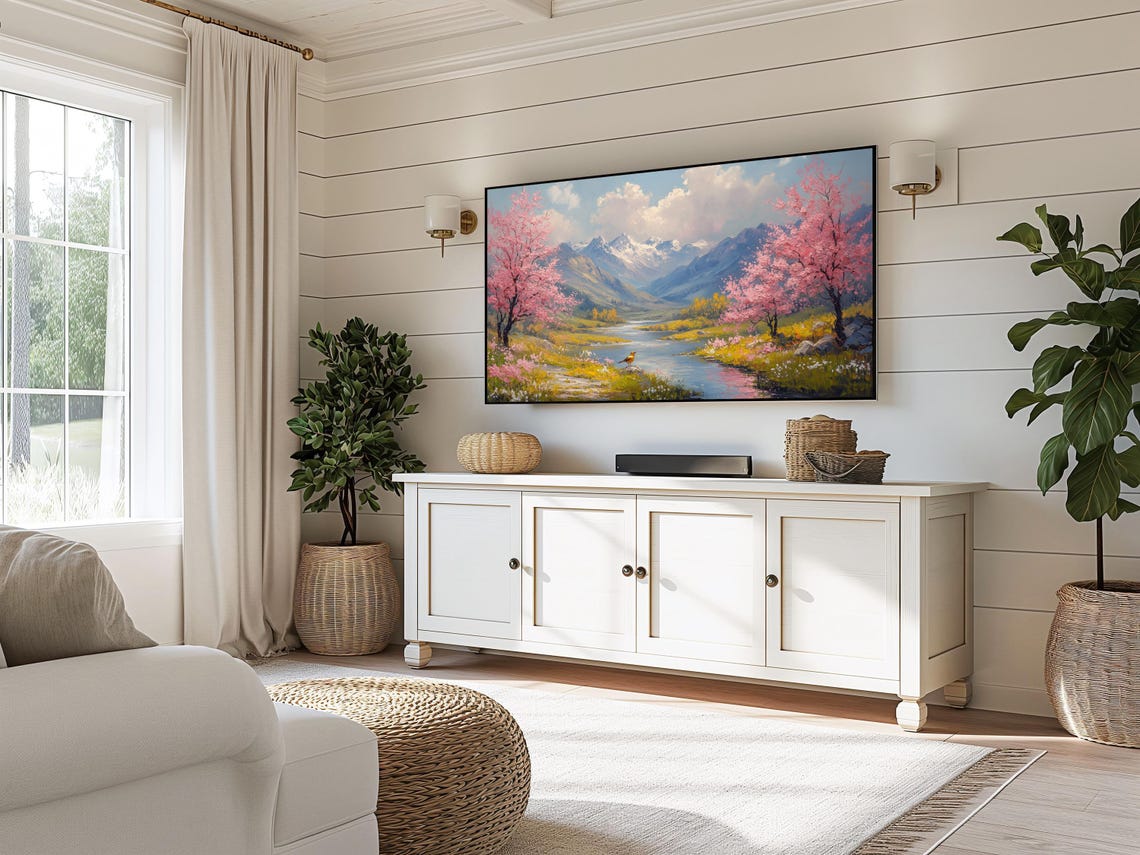 Snowy Mountain River Valley With Cherry Blossoms Spring Poster - Image 3