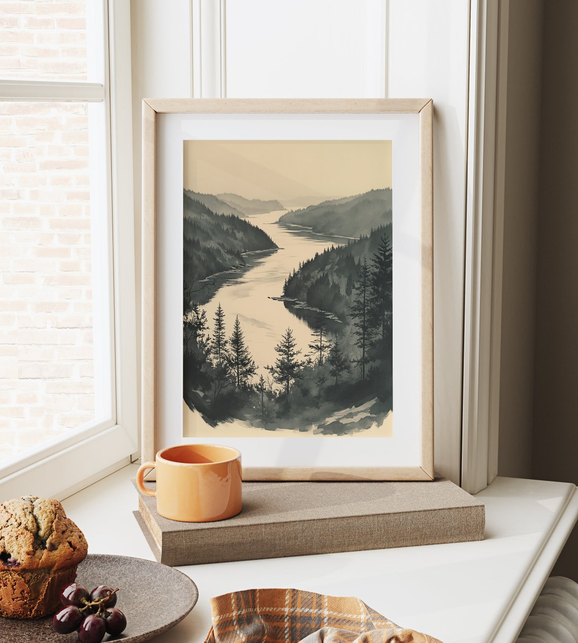 Curving River Through Deep Forested Valley Monochrome Ink Poster - Image 6