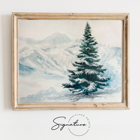 Lone Snow Dusted Spruce Tree Before Alpine Peaks Winter Poster
