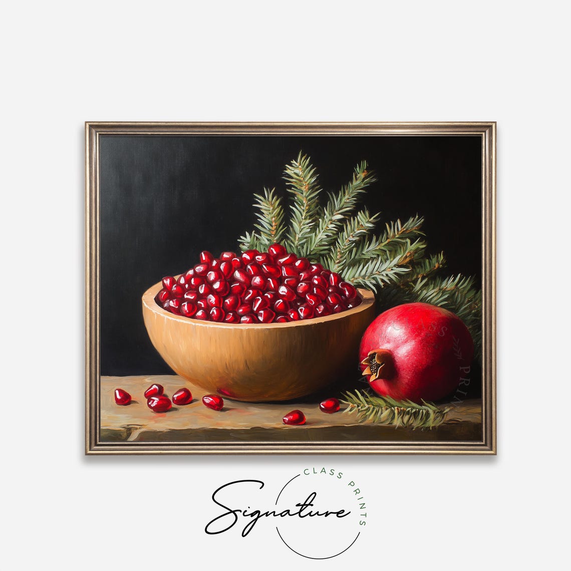 Pomegranate Arils In Wooden Bowl With Pine Sprigs Still Life Poster - Image 4