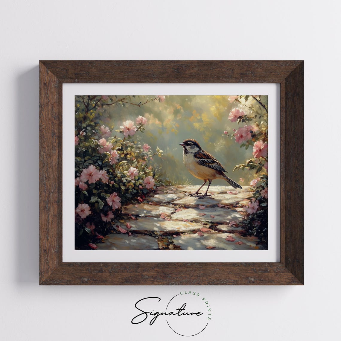 Sparrow On Stone Garden Path Among Pink Blooms Cottage Wall Art - Image 5