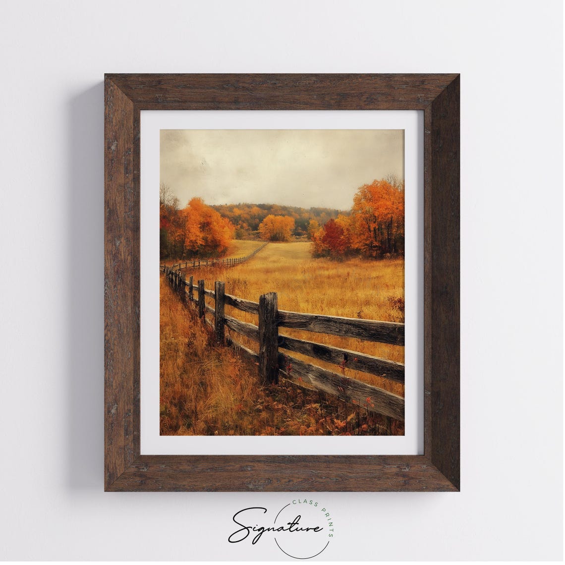 Wooden Fence Leading Through Golden Meadow to Autumn Trees Poster - Image 4