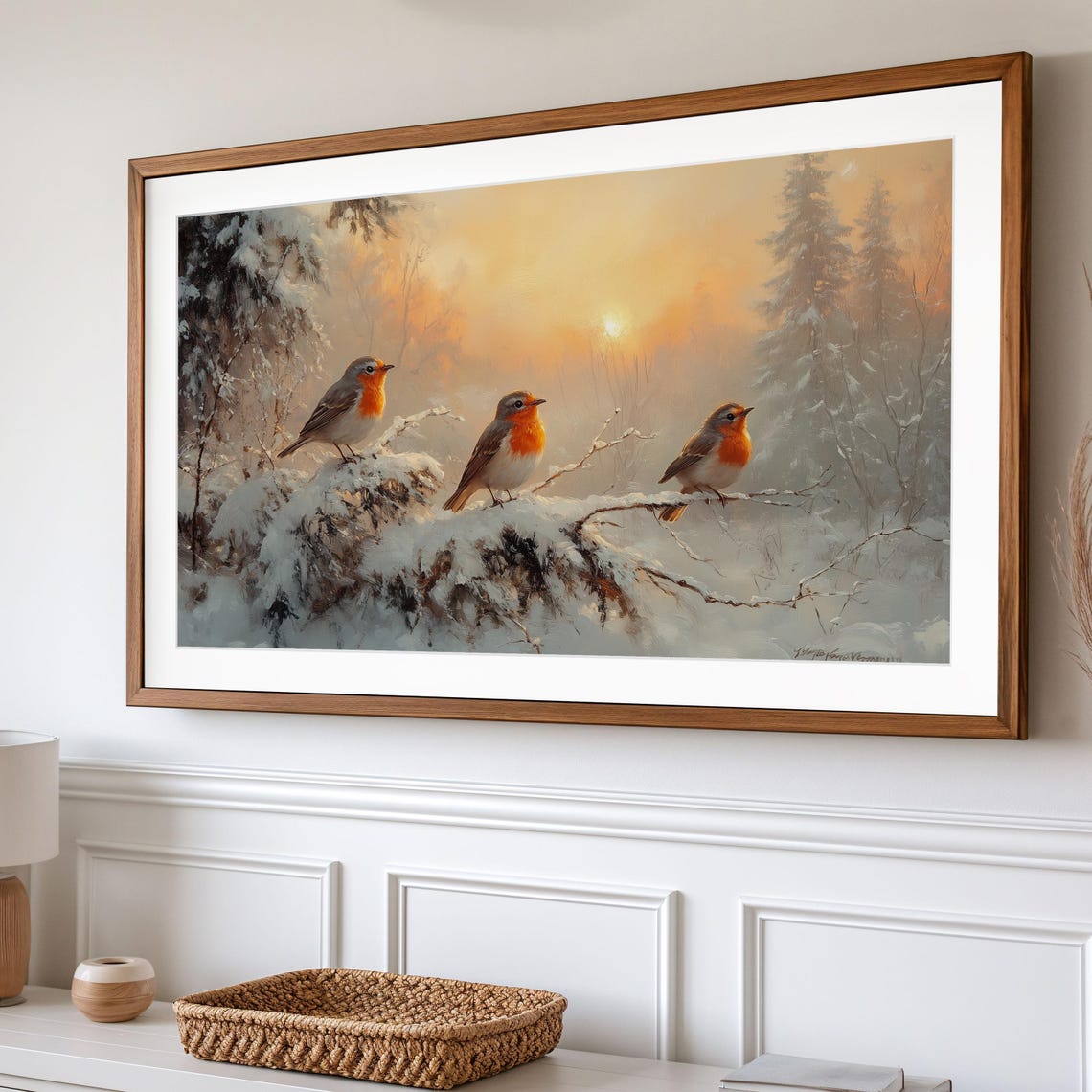 Three European Robins on Snowy Branch Warm Winter Sunset Poster - Image 2