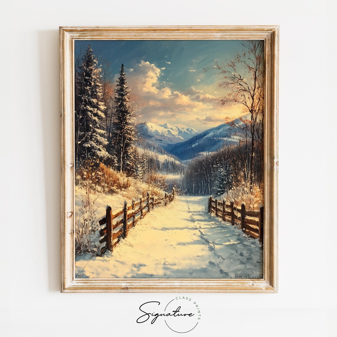 Snowy Fenced Lane with Mountain View Winter Landscape Oil Painting Print