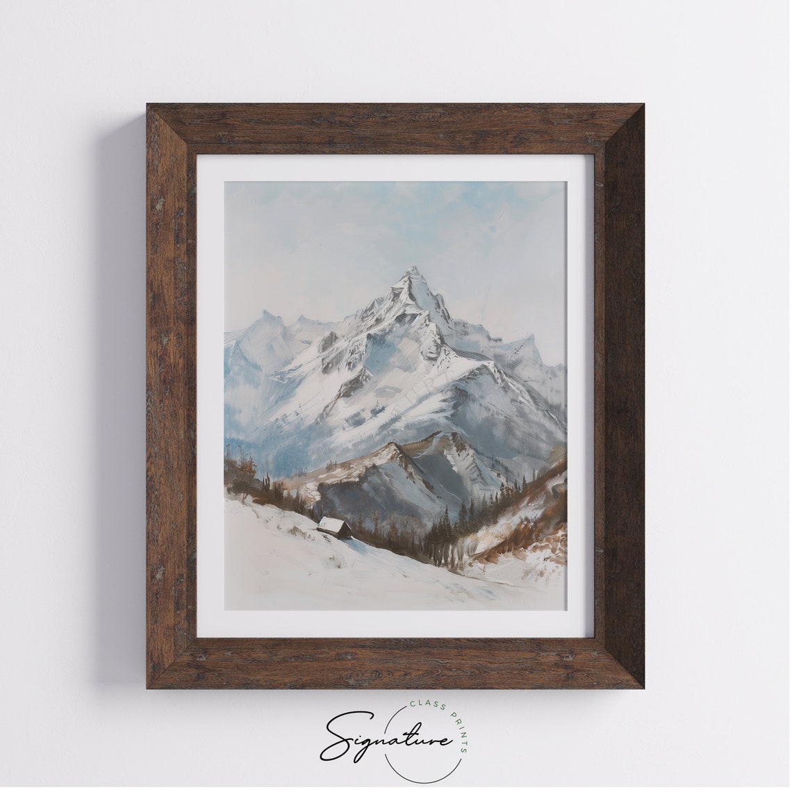 Snow Covered Mountain Peak Cabin Blue Winter Scenic Art Poster - Image 4