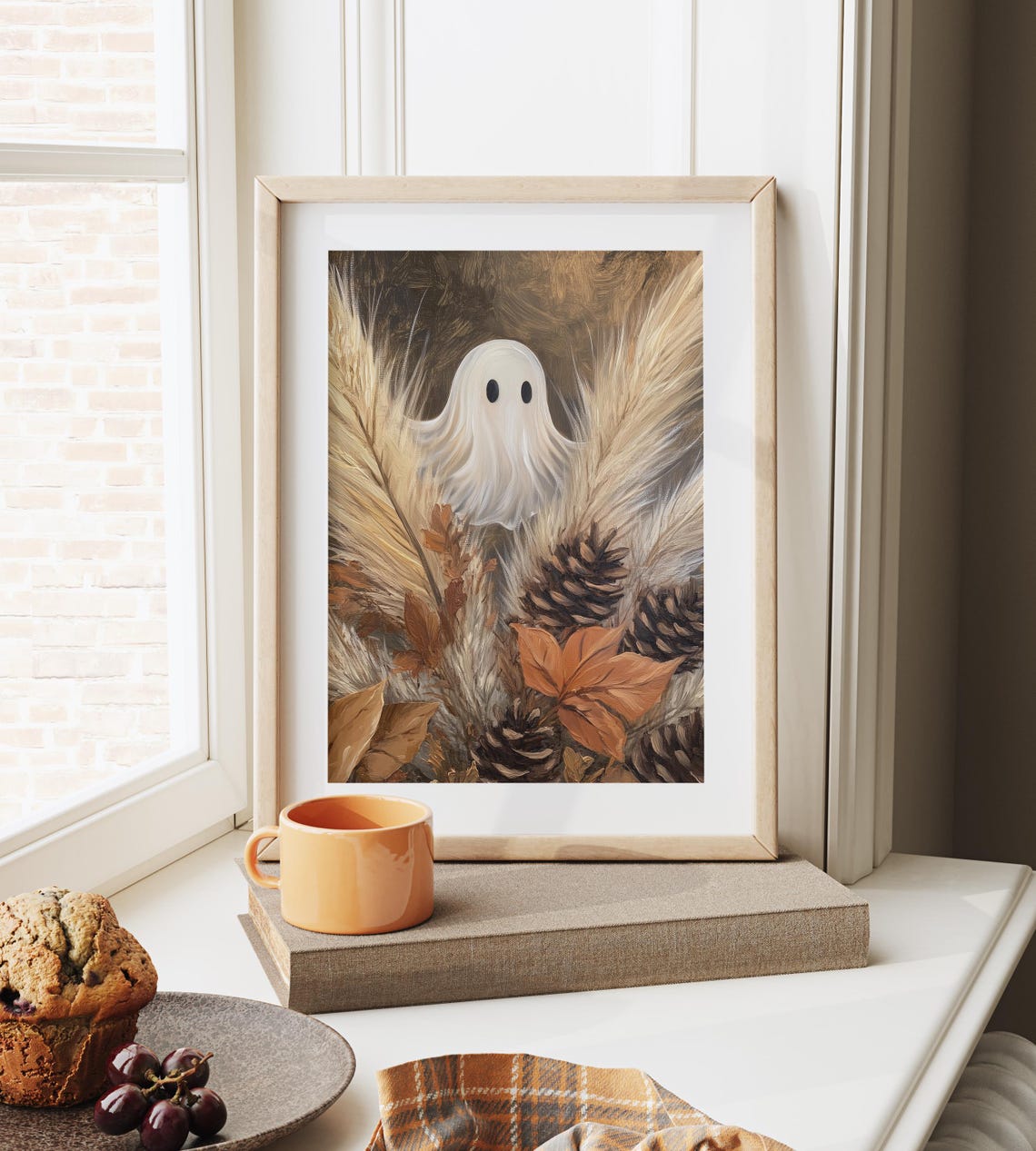 Ghost Hiding in Pampas Grass with Pinecones and Fall Leaves Poster - Image 6
