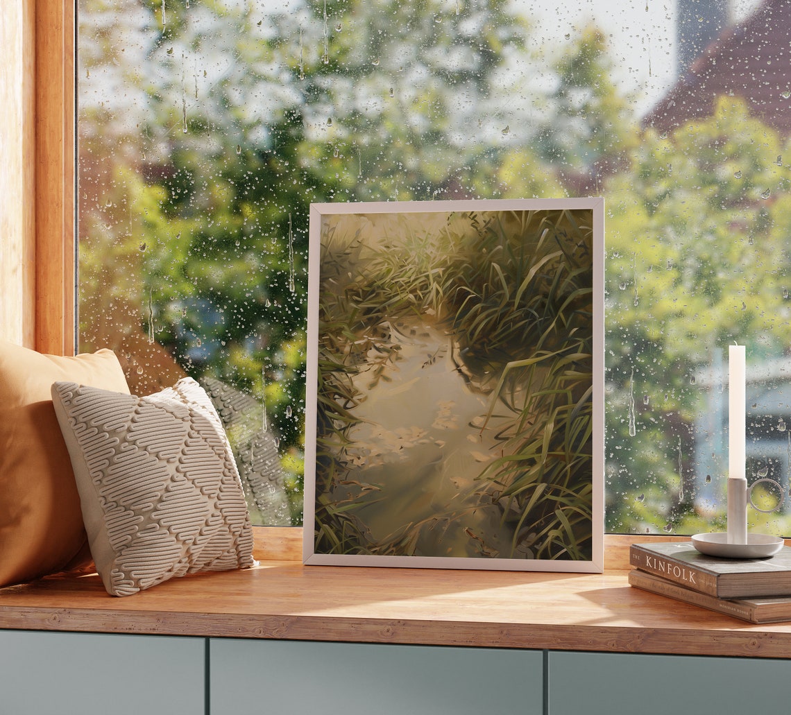 Sunlit Meadow Stream Water Reflections Serene Nature Wall Art - Image 2