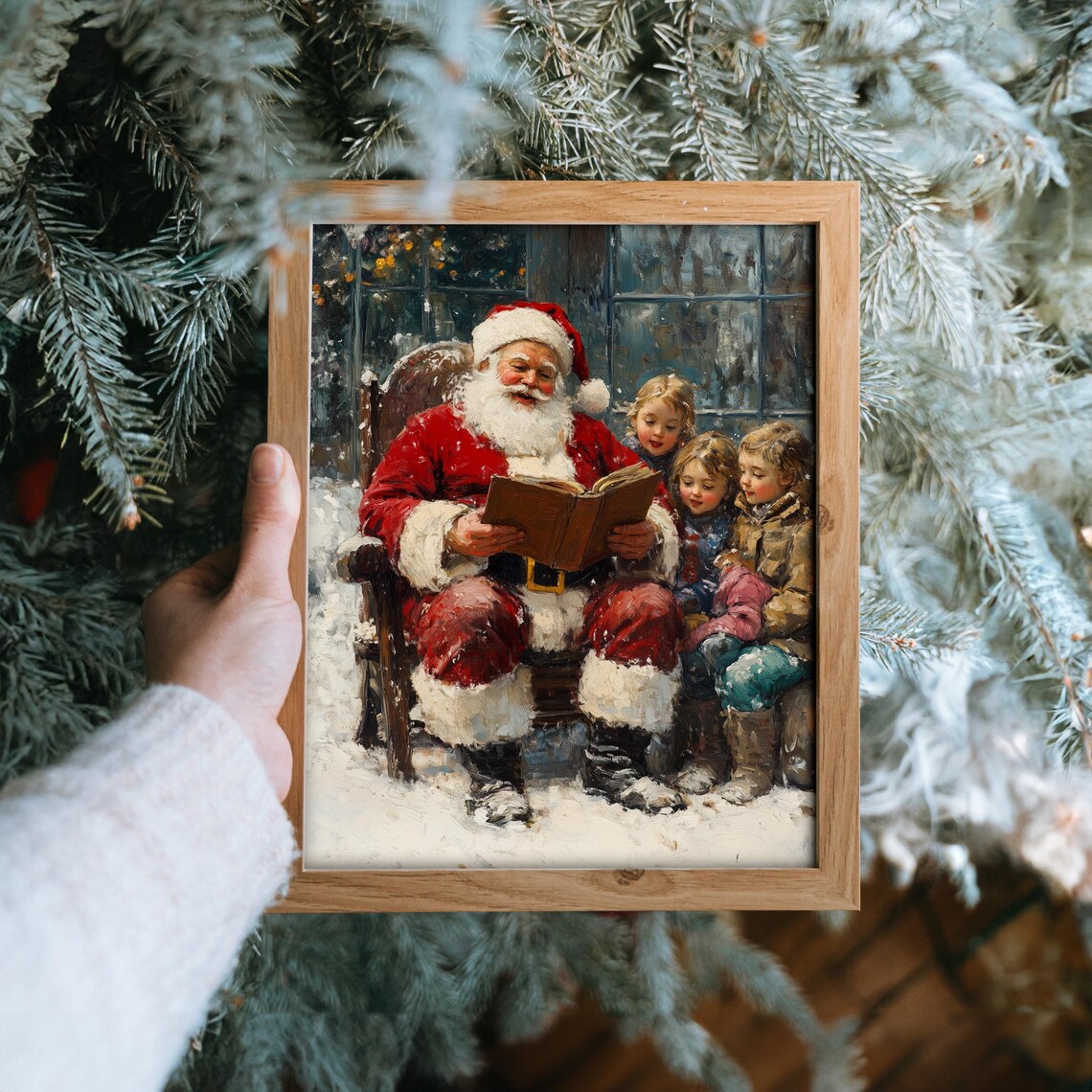 Santa Claus Reading Stories to Children Snowy Christmas Print - Image 6