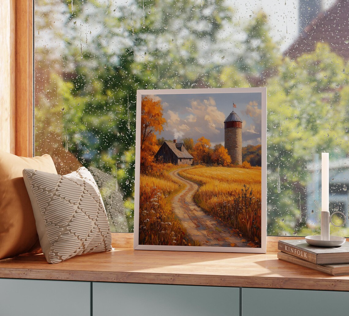 Historic Farm With American Flag Flying Above Silo in Golden Wheat Wall Art - Image 2