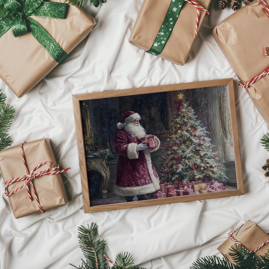 Santa Claus Holding Gifts Beside Christmas Tree Holiday Poster - Image 2