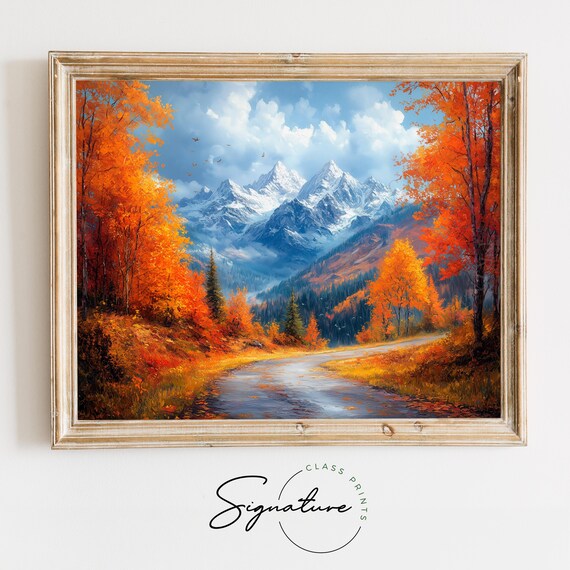Autumn Road Snowy Mountain Peaks Flying Birds Oil Painting Poster