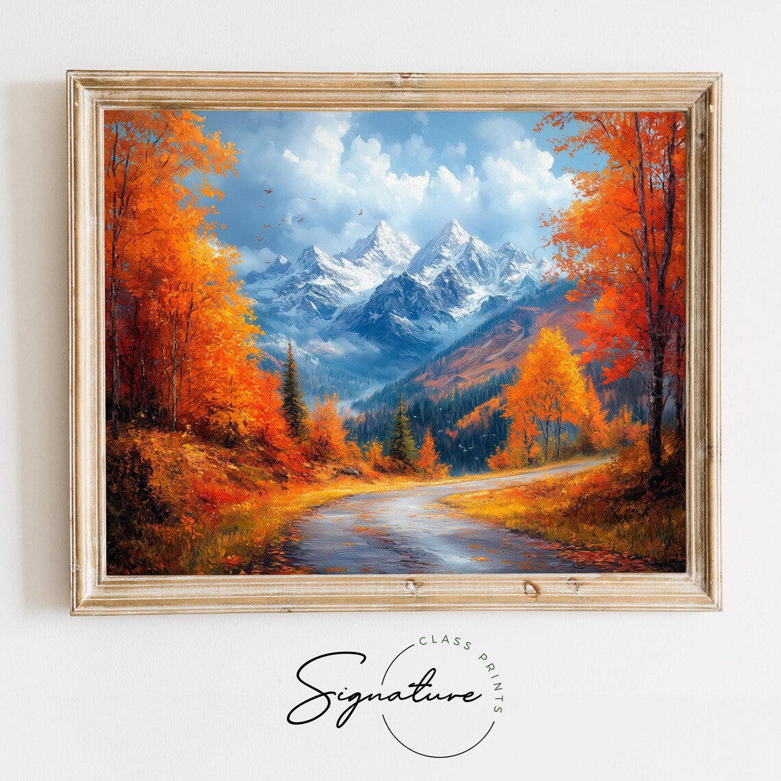 Autumn Road Snowy Mountain Peaks Flying Birds Oil Painting Poster