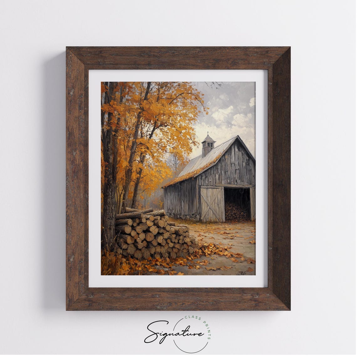 Weathered Barn with Firewood Stack Under Orange Maple Trees Poster - Image 4