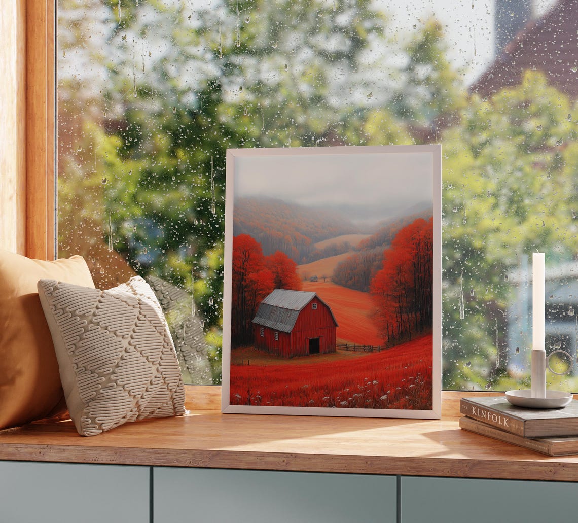 Red Barn In A Crimson Autumn Valley Under Misty Distant Hills Poster - Image 2