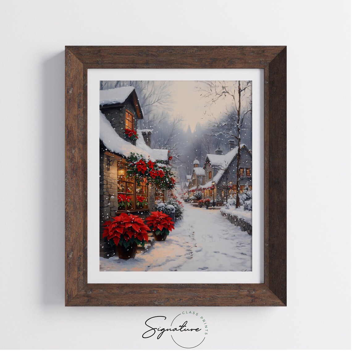 Poinsettia Flower Shop on a Snowy Village Street Christmas Poster - Image 3