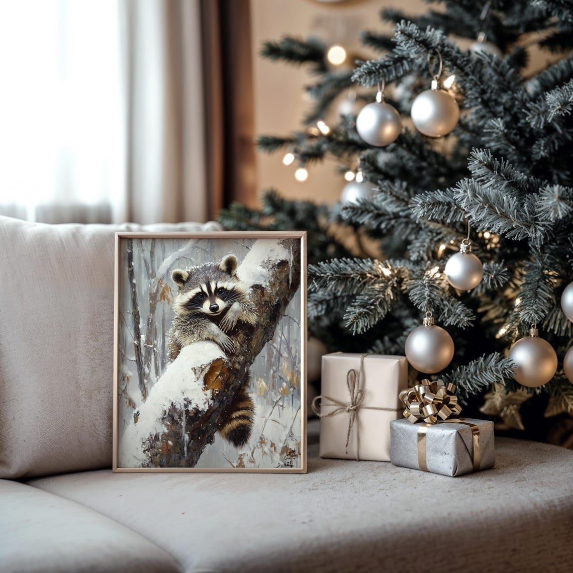 Raccoon In Snow Covered Tree Cute Winter Wildlife Art Poster - Image 5