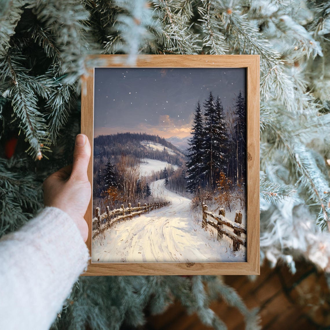Snowy Scenic Mountain Road at Dusk under Pink Sunset Winter Poster - Image 6