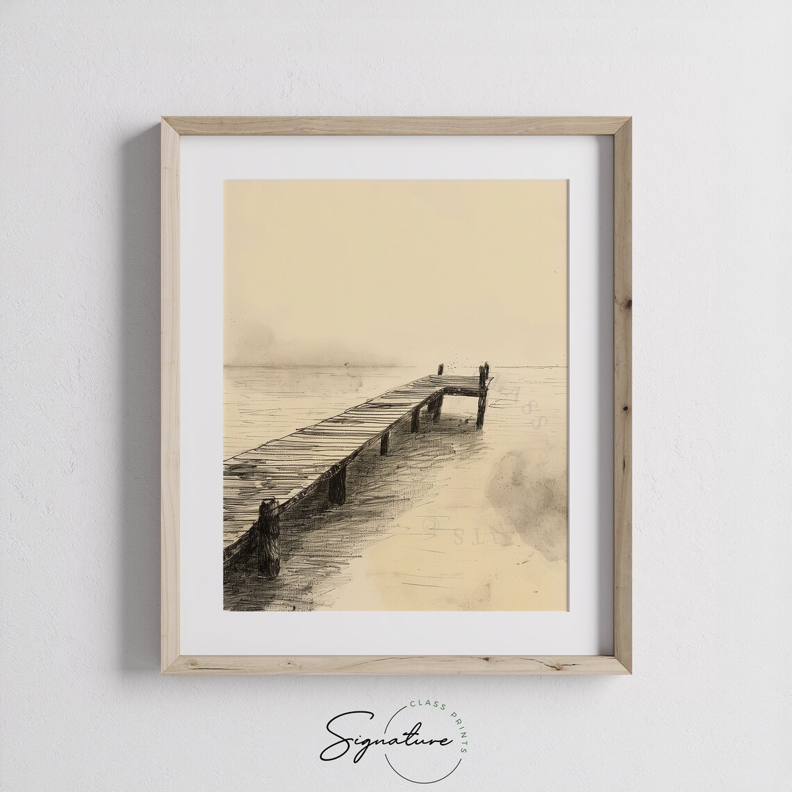 Old Wooden Pier On Misty Lake Sepia Ink Sketch Landscape Poster - Image 3