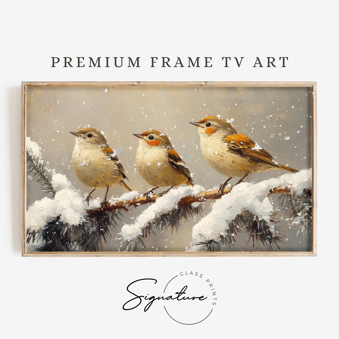 Three Goldcrests on Snowy Branch in Falling Snow Winter Poster