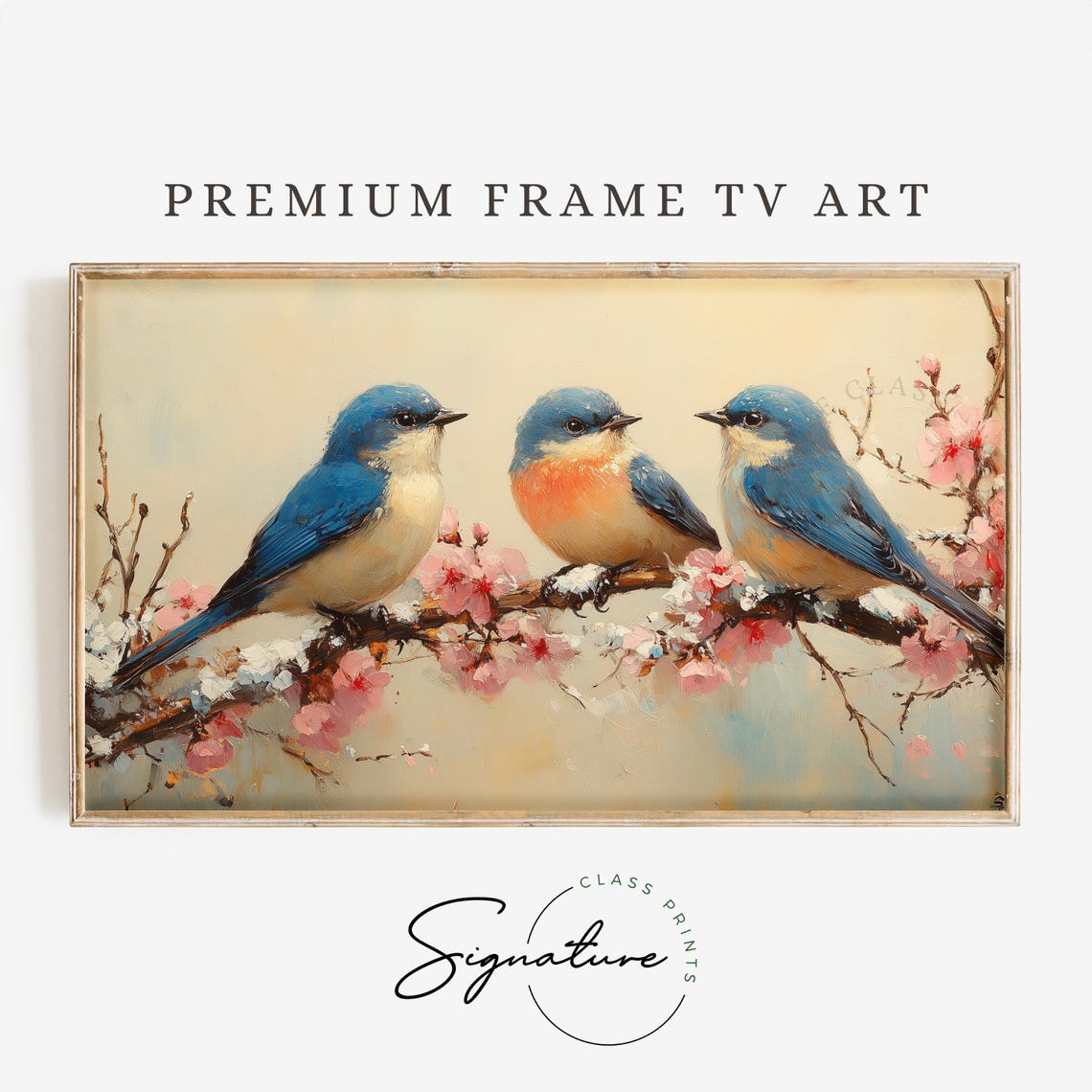 Bluebird Family On Cherry Blossom Branch Soft Cream Backdrop Poster