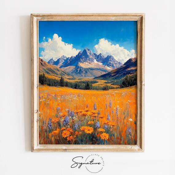 Alpine Wildflower Meadow Orange Blooms Snowy Peaks Blue Sky Poster