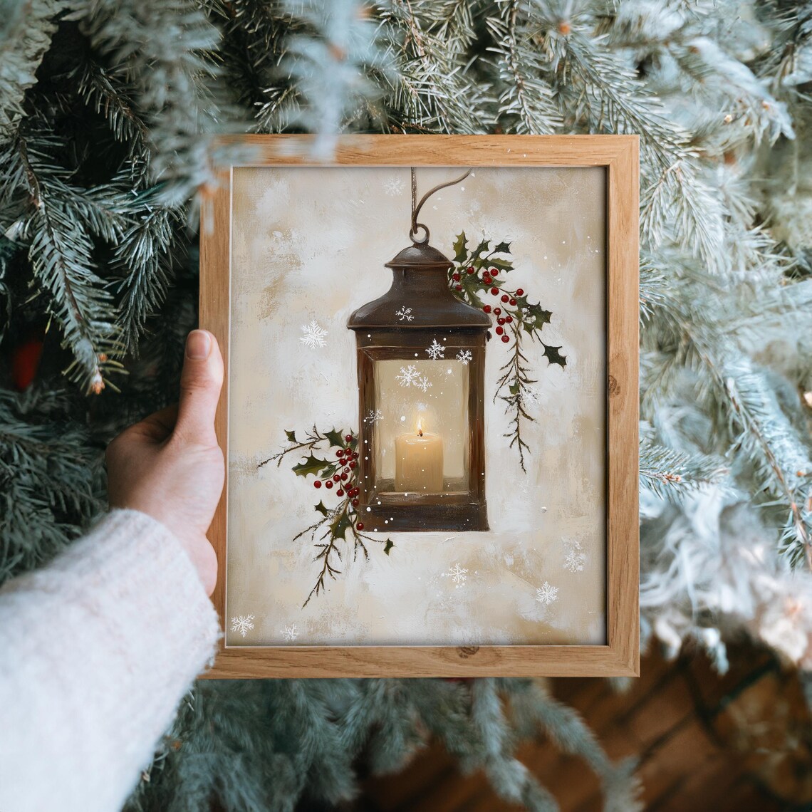 Hanging Lantern With Holly And Snowflakes Vintage Christmas Poster - Image 6