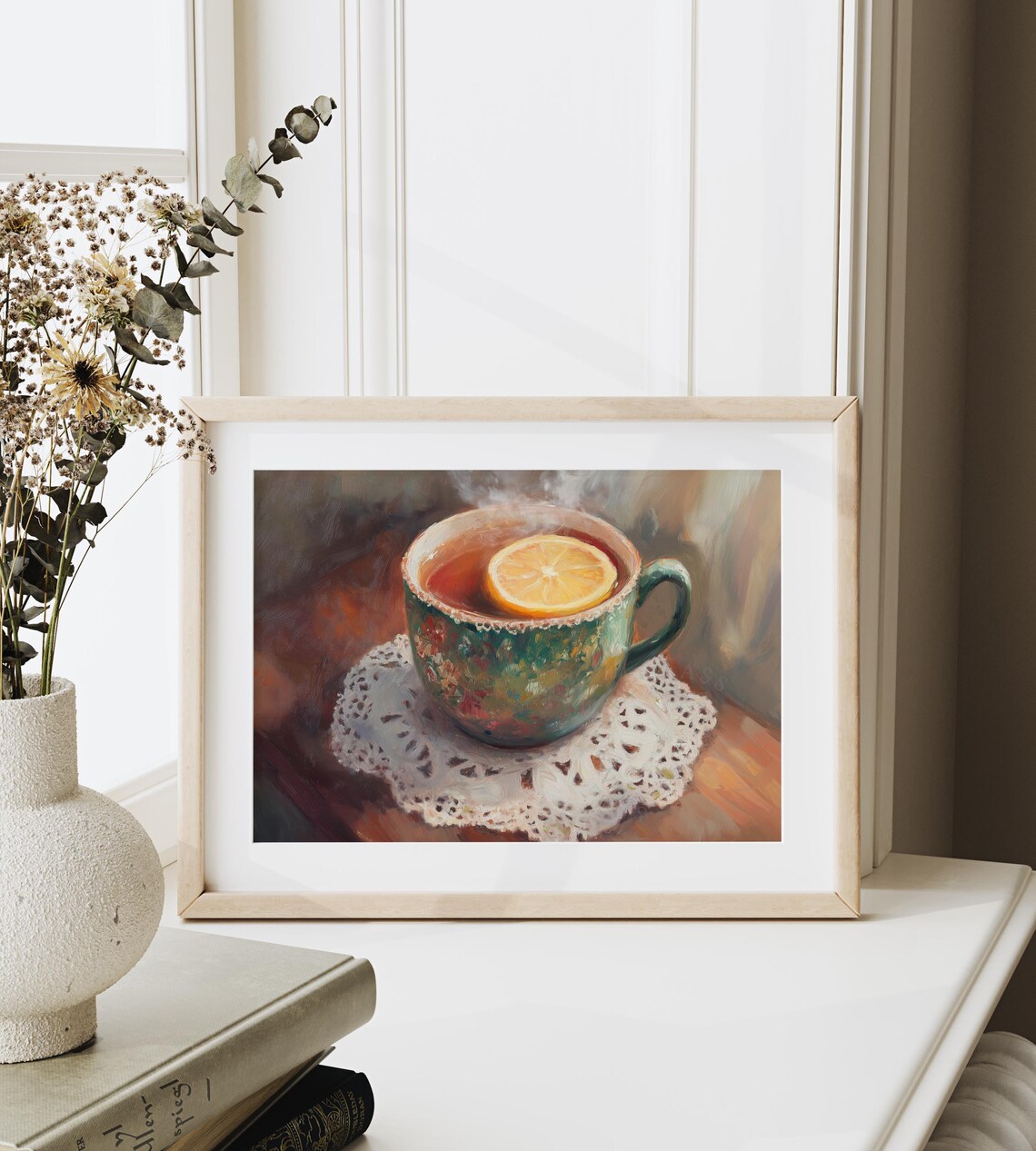 Steaming Tea With Lemon Slice In Green Cup On Lace Doily Cozy Wall Art - Image 6