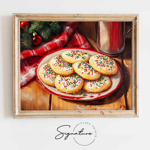 Festive Plate Of Sugar Cookies With Holly Rustic Christmas Kitchen Art Moody Farmhouse Holiday Wall Decor Winter Painting 2751