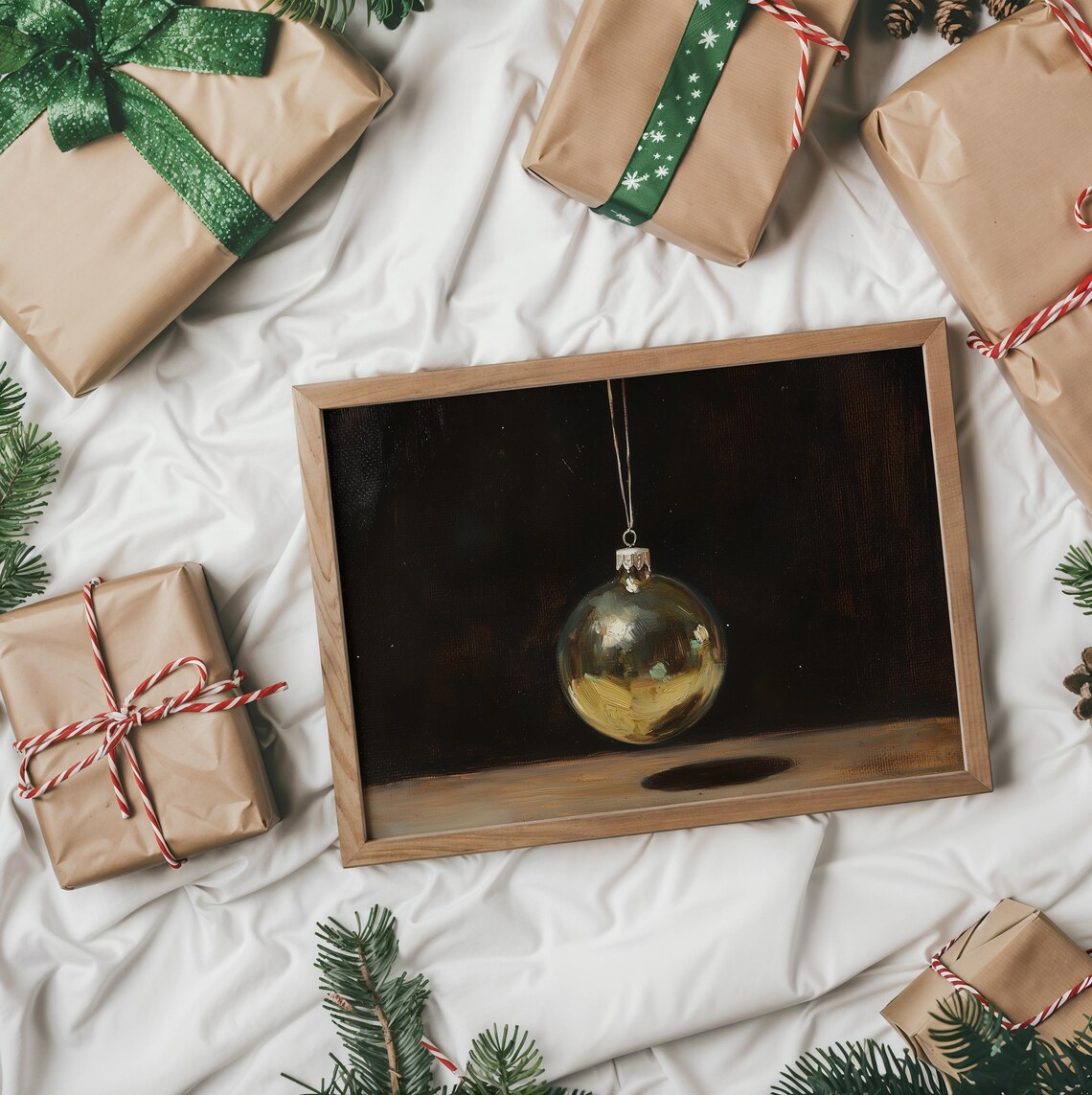Single Gold Christmas Ornament Hanging Against Dark Background Poster - Image 2