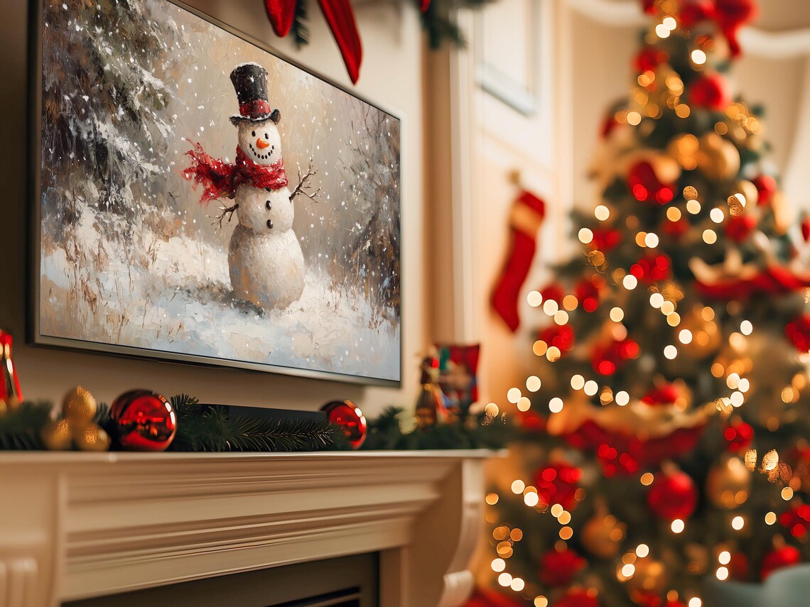Snowman With Top Hat and Red Scarf in Snowy Forest Holiday Art Poster - Image 5