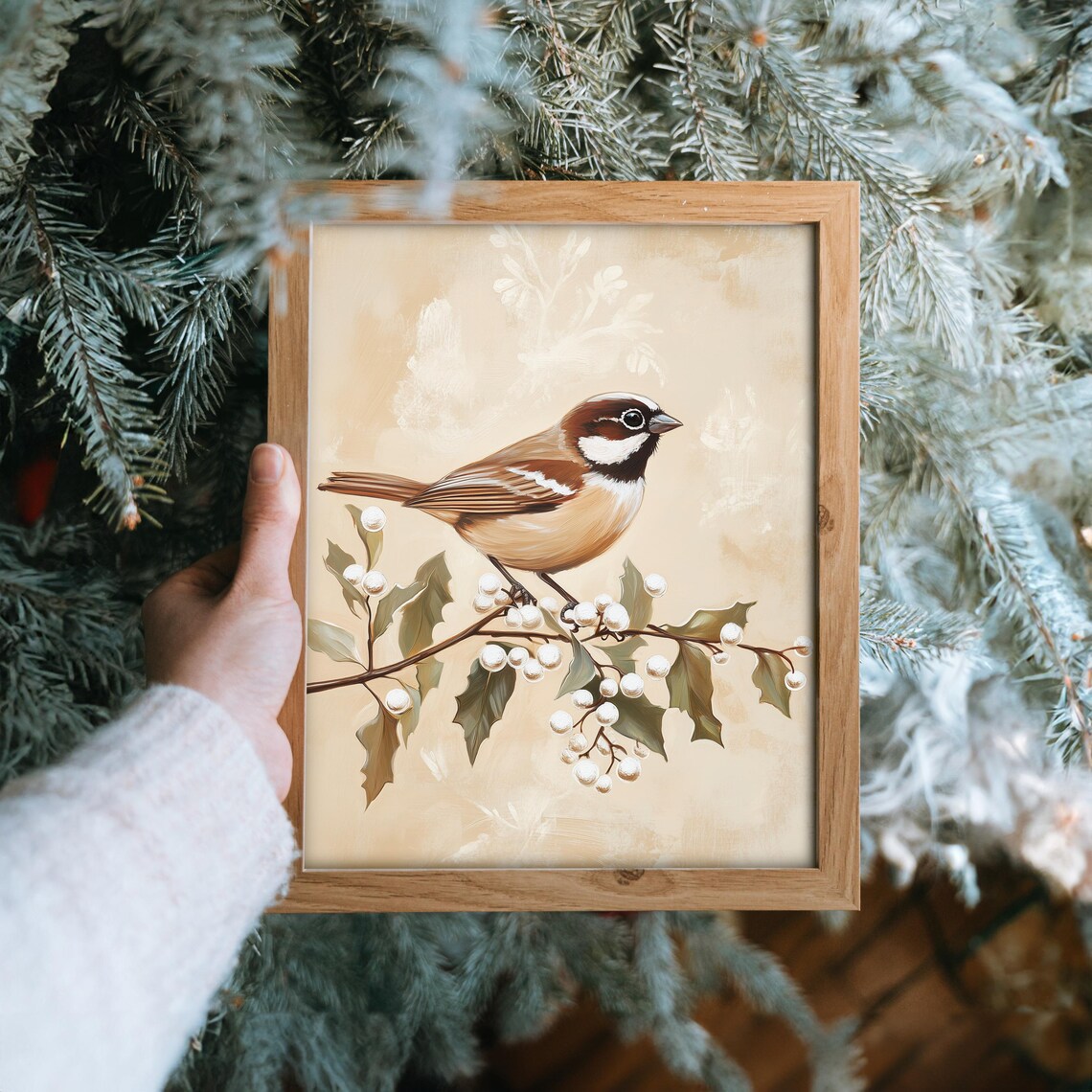 Chickadee on Holly Branch with White Berries Vintage Winter Poster - Image 6