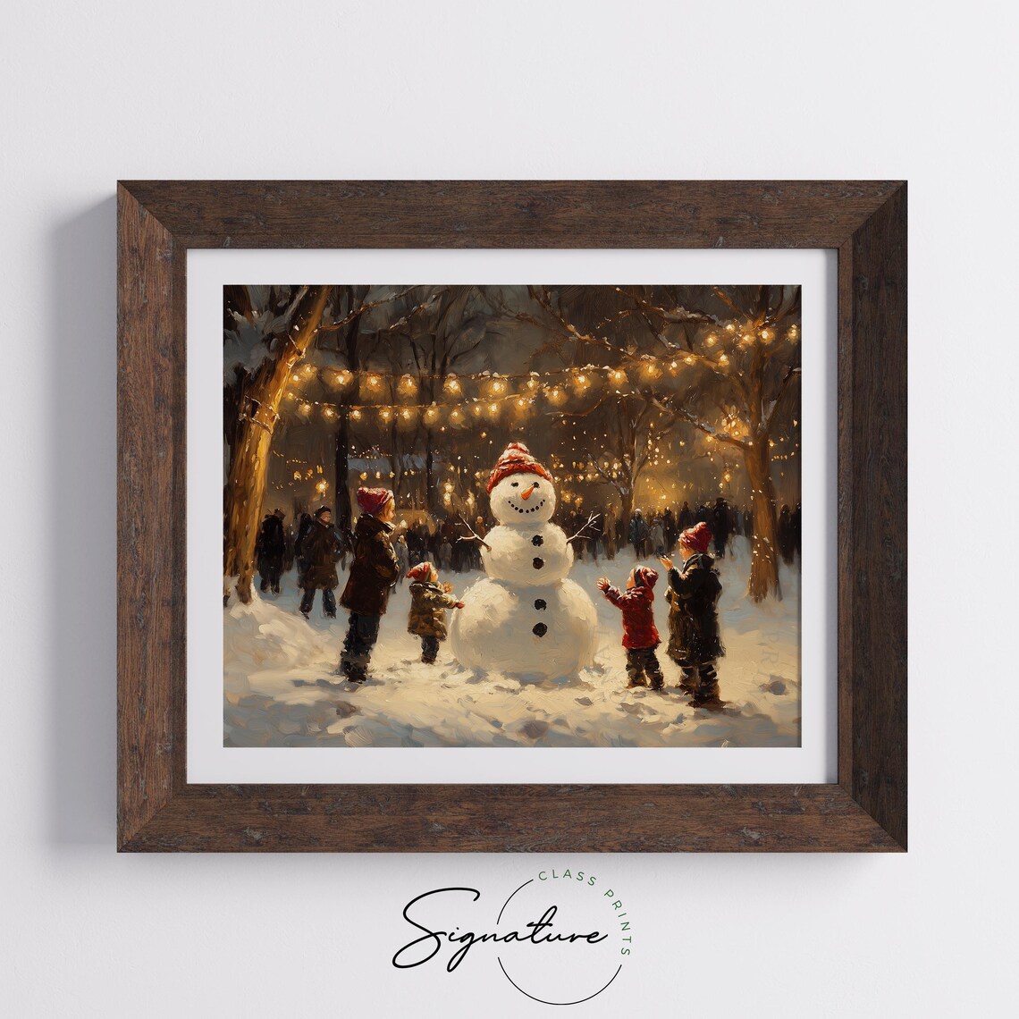 Children Building A Big Snowman Under Twinkling Winter Lights Poster - Image 5