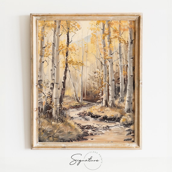 Sunlit Aspen Grove Creek Flowing Golden Autumn Trees Forest Oil Poster