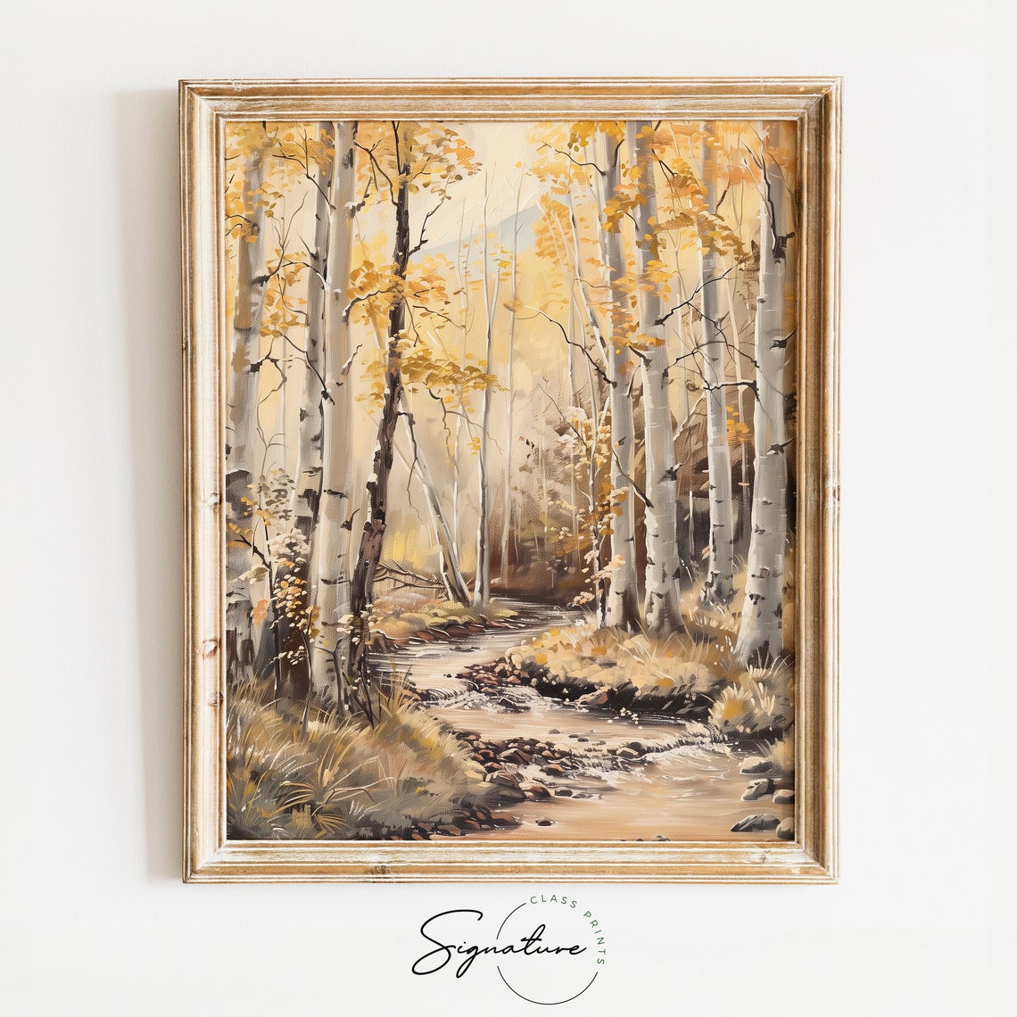 Sunlit Aspen Grove Creek Flowing Golden Autumn Trees Forest Oil Poster