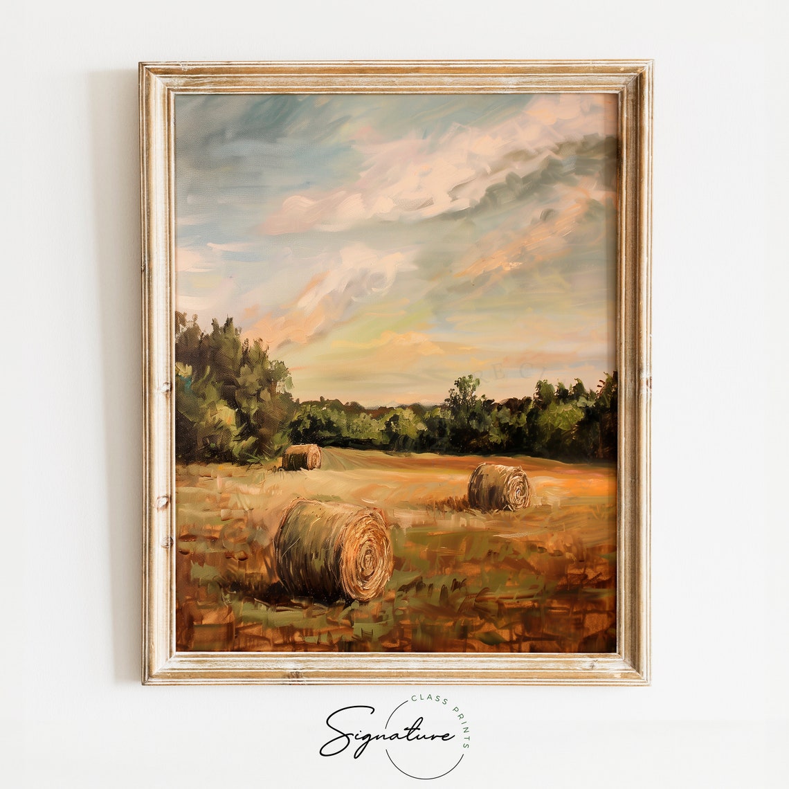 Sunrise Harvest Vista Early Morning Hay Bales Rural Landscape Art Print Sunlit Country Field Decor Warm Farmhouse 488
