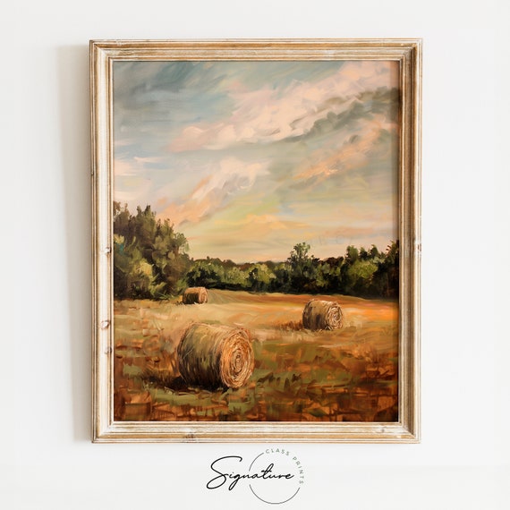 Sunrise Harvest Vista Early Morning Hay Bales Rural Landscape Art Print Sunlit Country Field Decor Warm Farmhouse 488