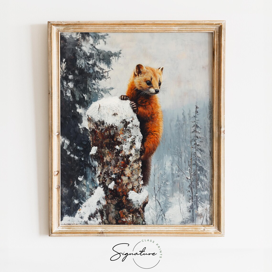 Red Woodland Mammal Climbing Snowy Tree Stump Winter Forest Art Poster