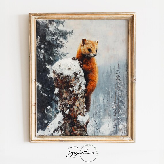 Red Woodland Mammal Climbing Snowy Tree Stump Winter Forest Art Poster