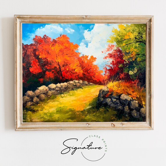 Sunlit Stone Wall Pathway Through Vibrant Autumn Trees Poster