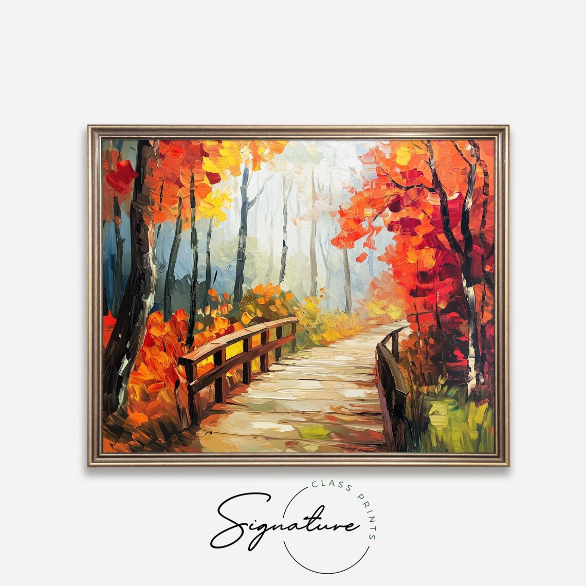 Wooden Footbridge In Misty Autumn Forest Fall Trail Scene Poster - Image 4