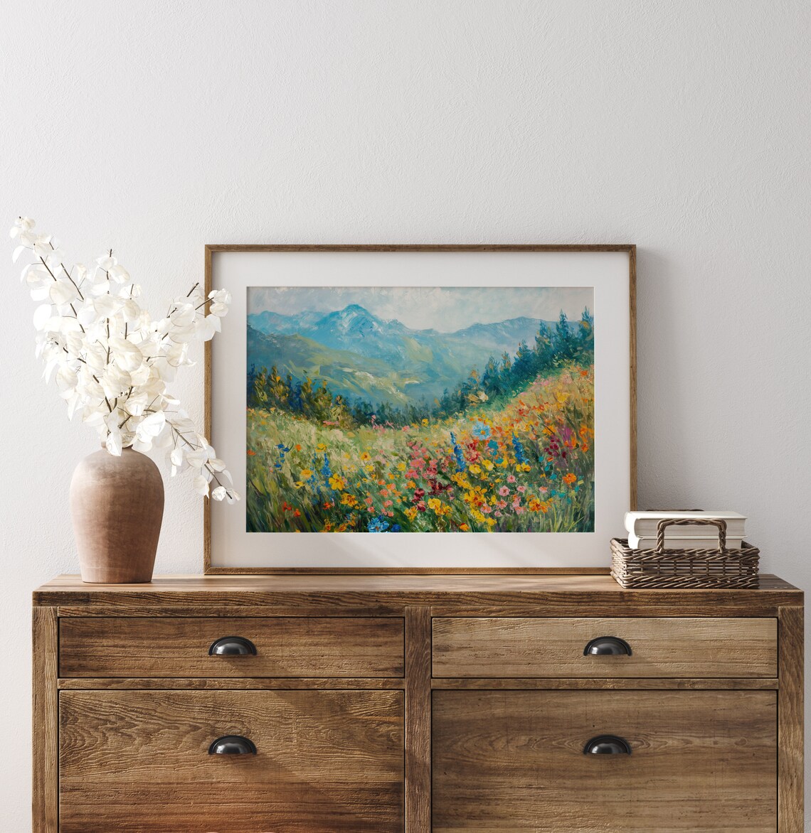 Wildflower Meadow with Blue Mountains Impressionist Oil Painting Poster - Image 3