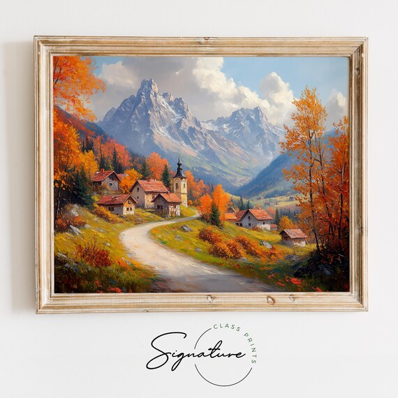 Alpine Village Chapel Snowy Peaks Autumn Oil Painting Poster