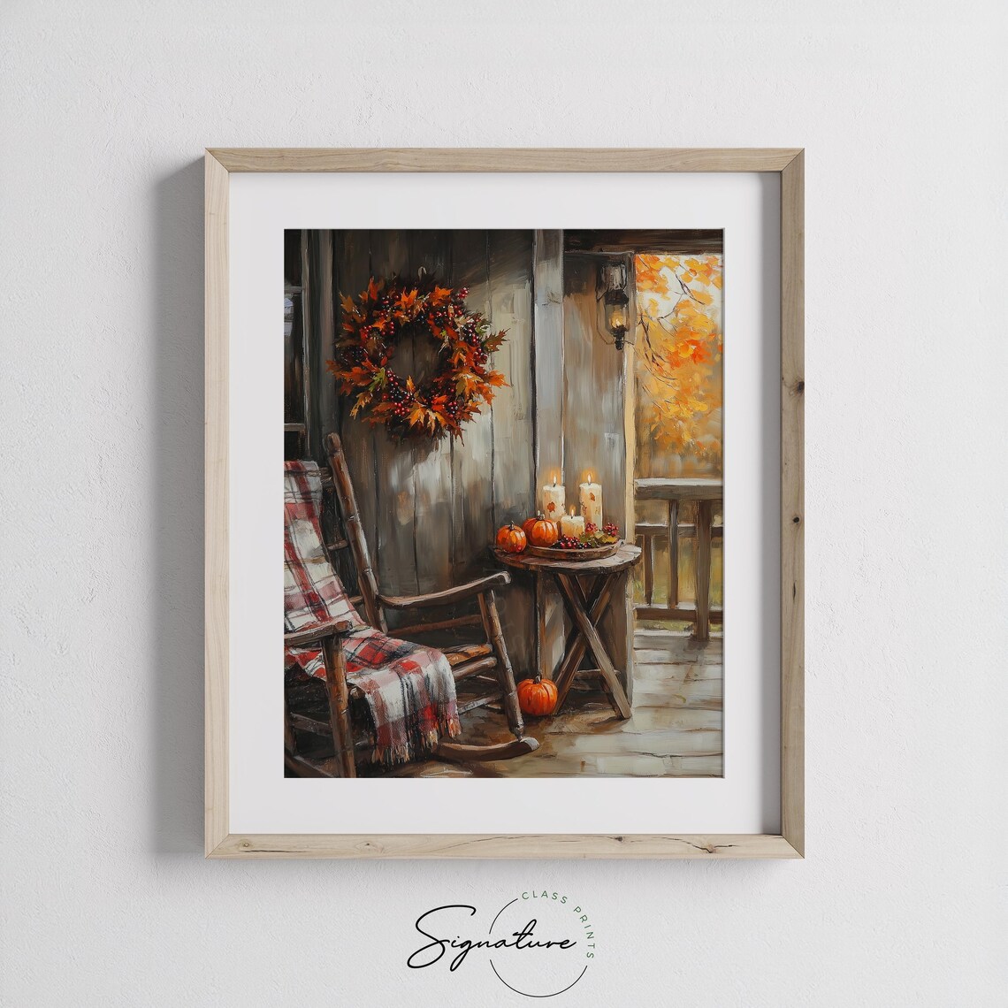 Cozy Fall Porch Rocking Chair Plaid Blanket Wreath Candles Poster - Image 3