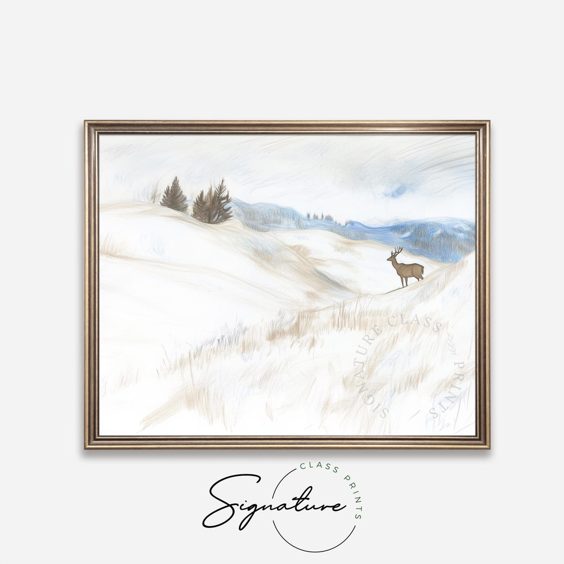 Lone Deer On A Vast Snowy Hillside Soft Winter Sketch Poster - Image 4
