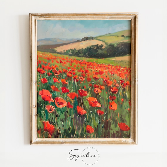 Vibrant Red Poppy Field Rolling Hills Summer Countryside Oil Painting Poster